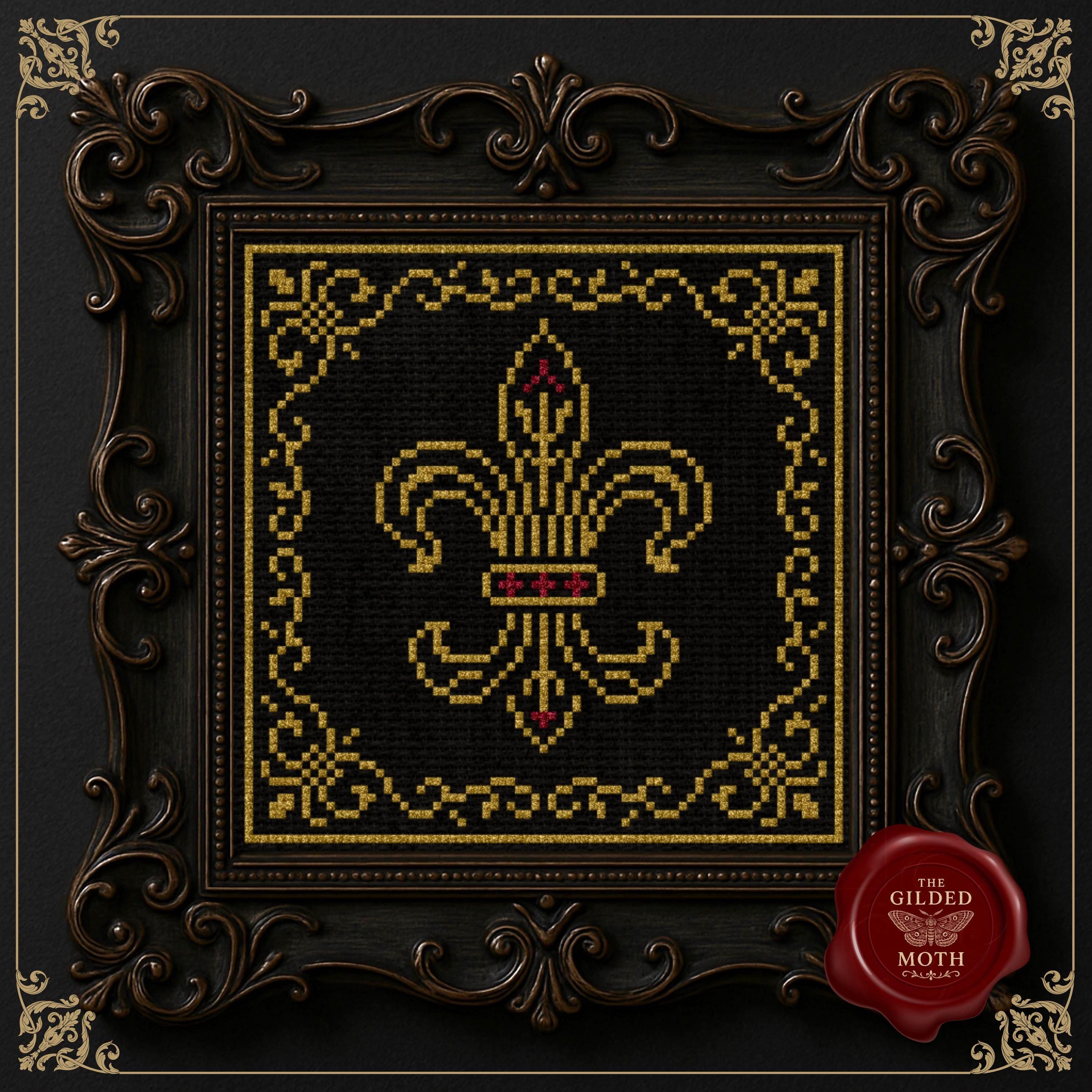 Gothic Fleur-de-Lis Cross Stitch Pattern • Medieval Heraldry PDF • Dark Academia Crest Embroidery • Black Aida Goldwork Inspired Decor
