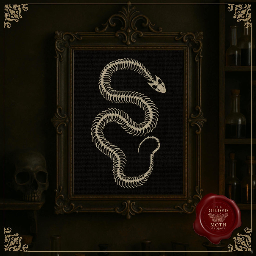 Serpent Skeleton Cross Stitch Pattern • Gothic Snake Skeleton PDF • Dark Anatomy Embroidery • Medieval Macabre Needlework on Black Aida