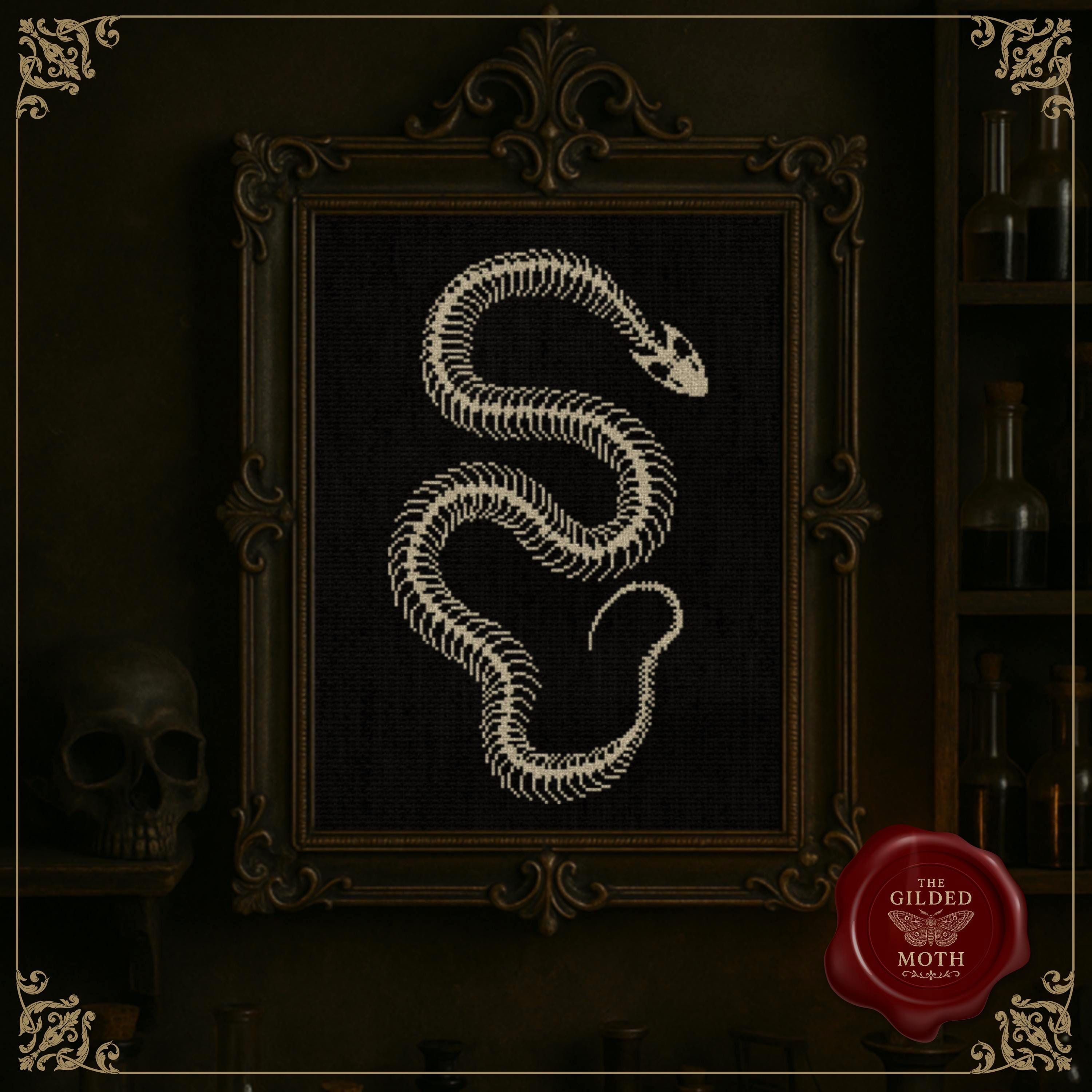 Serpent Skeleton Cross Stitch Pattern • Gothic Snake Skeleton PDF • Dark Anatomy Embroidery • Medieval Macabre Needlework on Black Aida