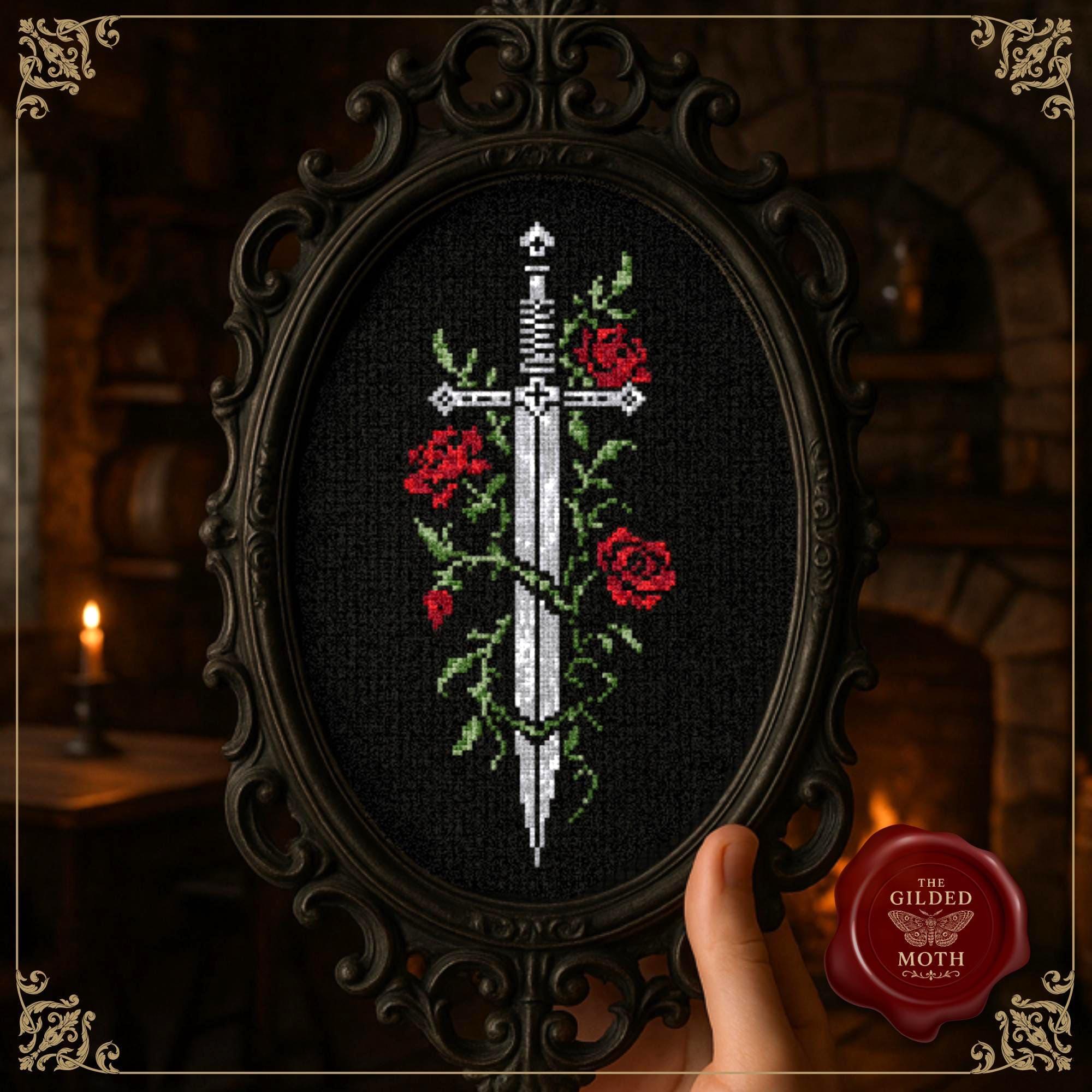 Gothic counted cross stitch pattern printable pdf, medieval sword floral embroidery, fantasy cross stitch chart download