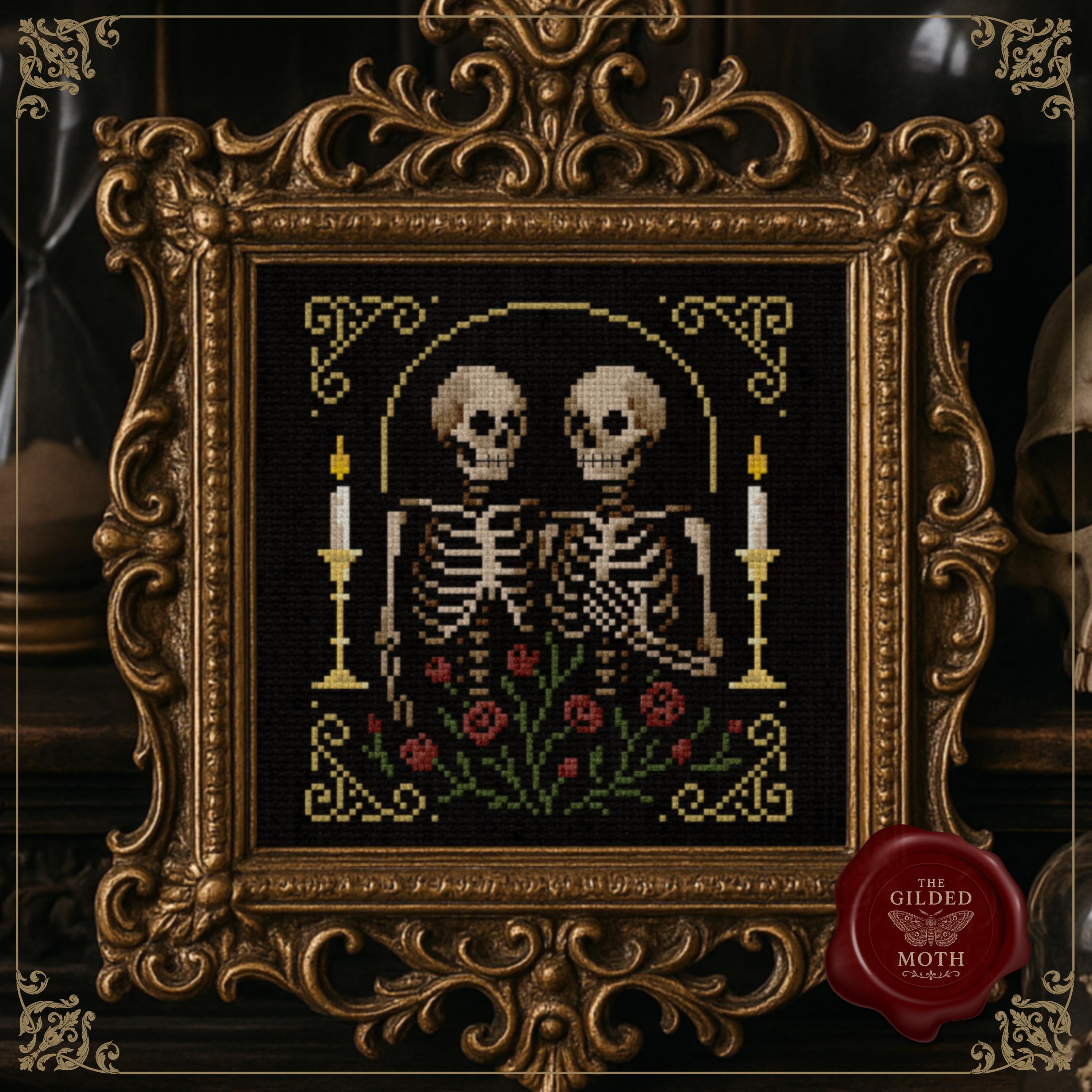 Skeleton Lovers Cross Stitch Pattern • Gothic Couple PDF • Dark Romance Embroidery • Macabre Skeletons With Roses • Black Aida Medieval