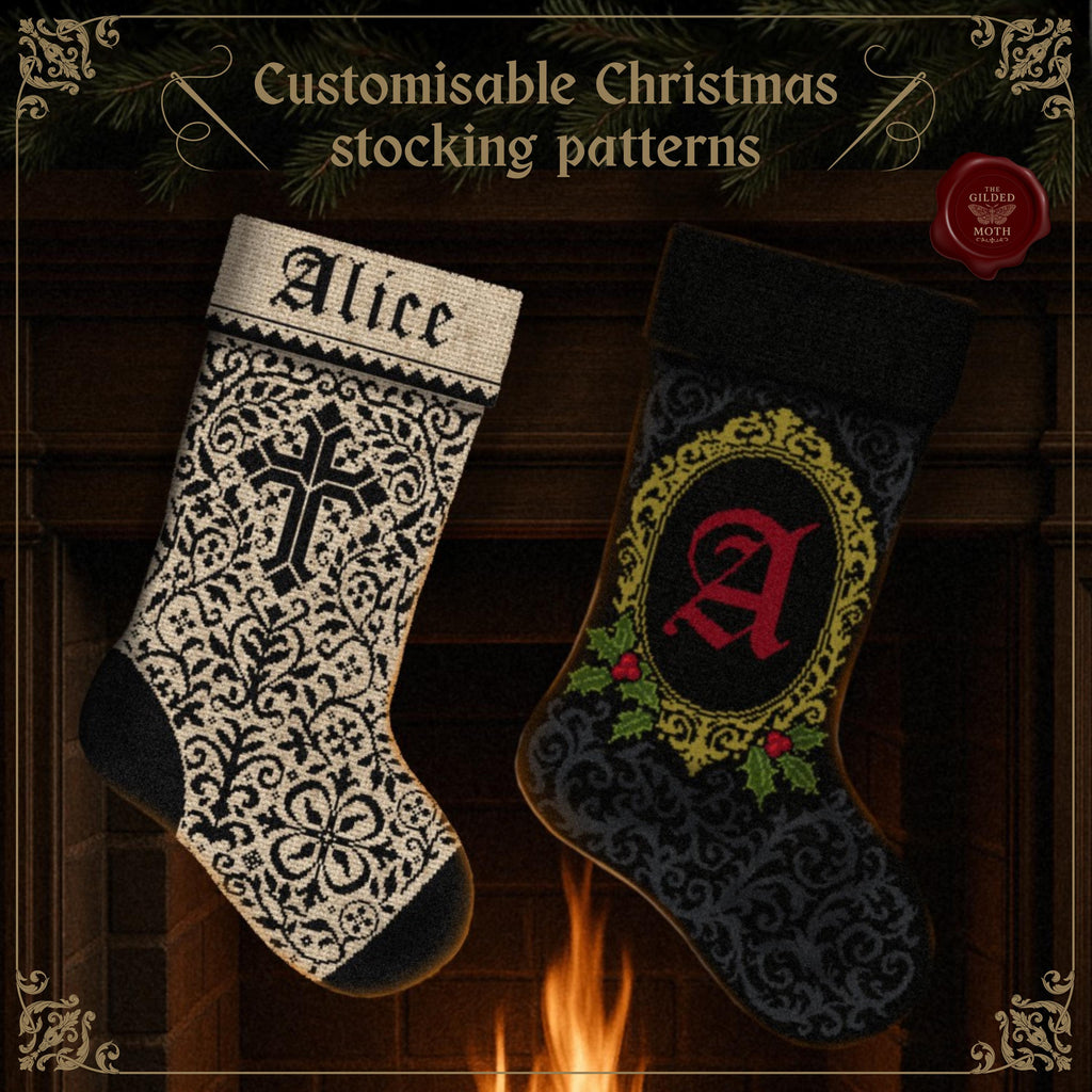 Gothic Christmas Stocking counted Cross Stitch Pattern • Medieval Custom Name Stocking, Black Aida Ornament Pattern, Dark Holiday Decor PDF