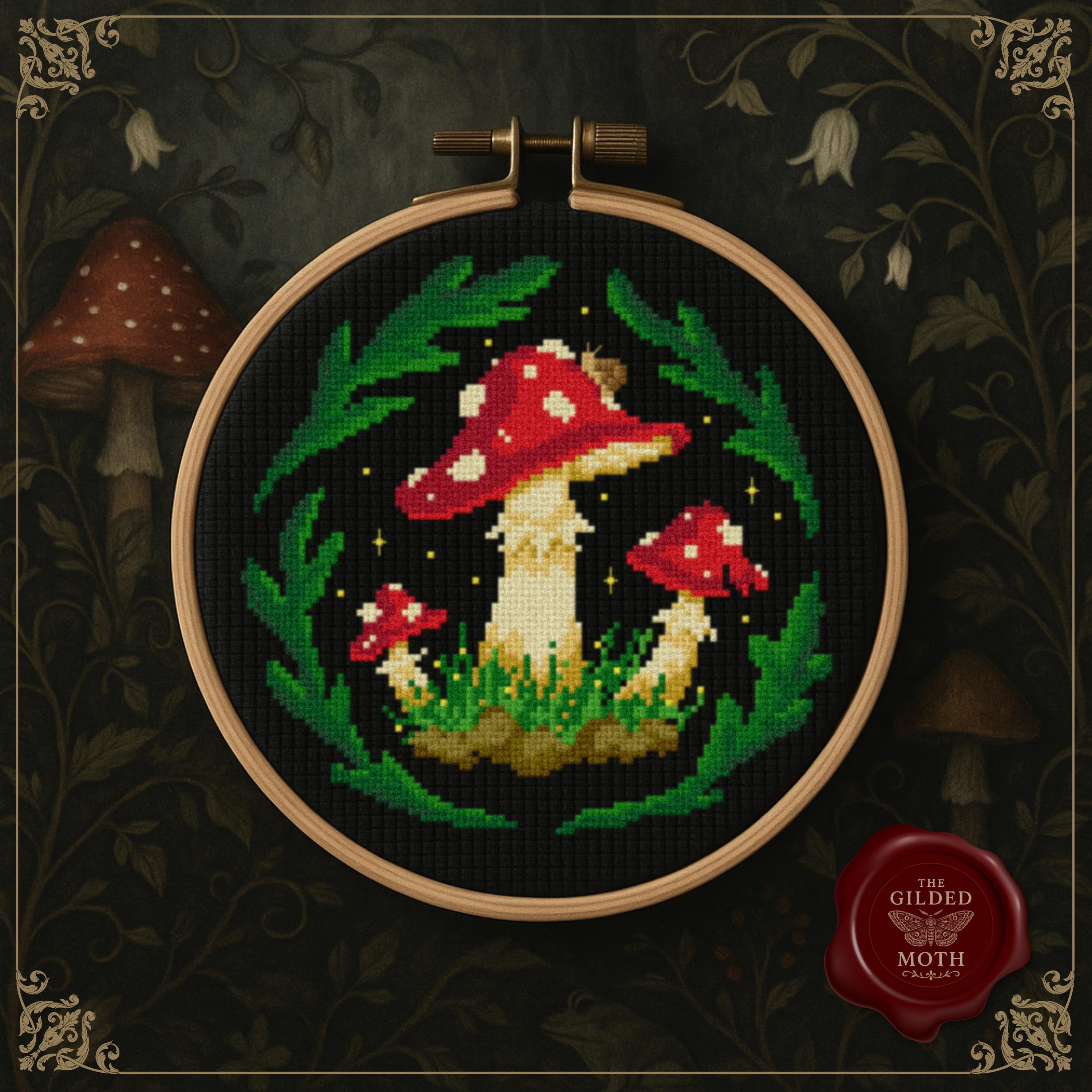 Gothic Mushroom counted Cross Stitch Pattern PDF | Dark Cottagecore Toadstool Embroidery | Fantasy Woodland Design