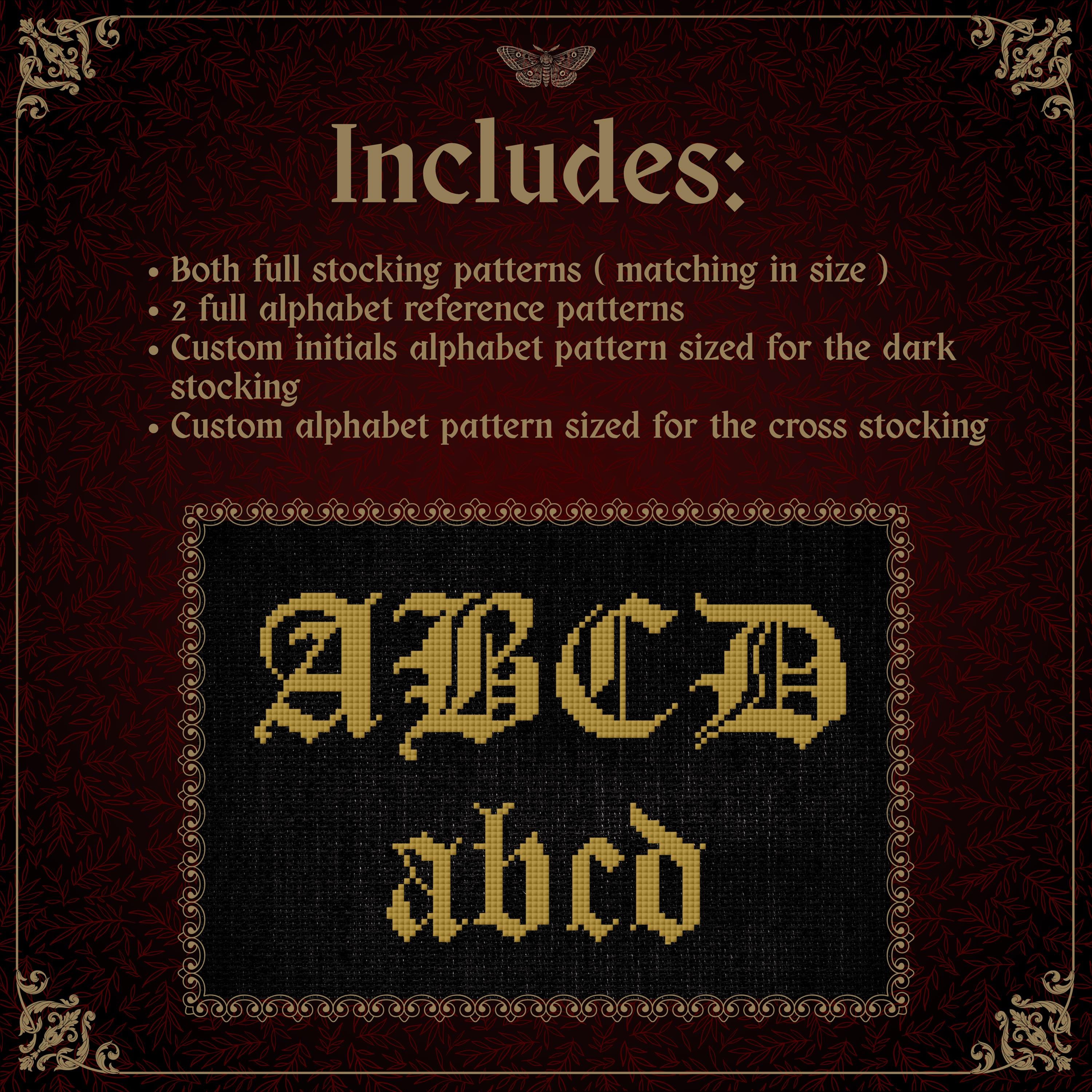 Gothic Christmas Stocking counted Cross Stitch Pattern • Medieval Custom Name Stocking, Black Aida Ornament Pattern, Dark Holiday Decor PDF