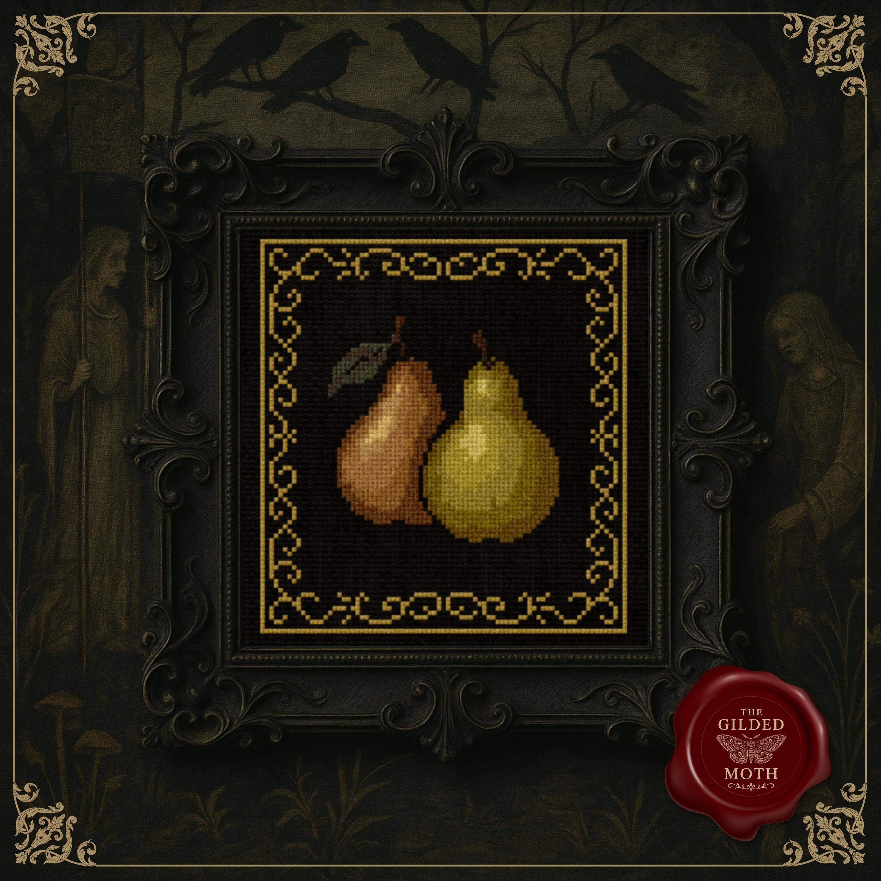 Medieval Pear Still Life Cross Stitch Pattern • Gothic Fruit Embroidery PDF • Vintage Kitchen Wall Art • Old World Tapestry Style Needlework