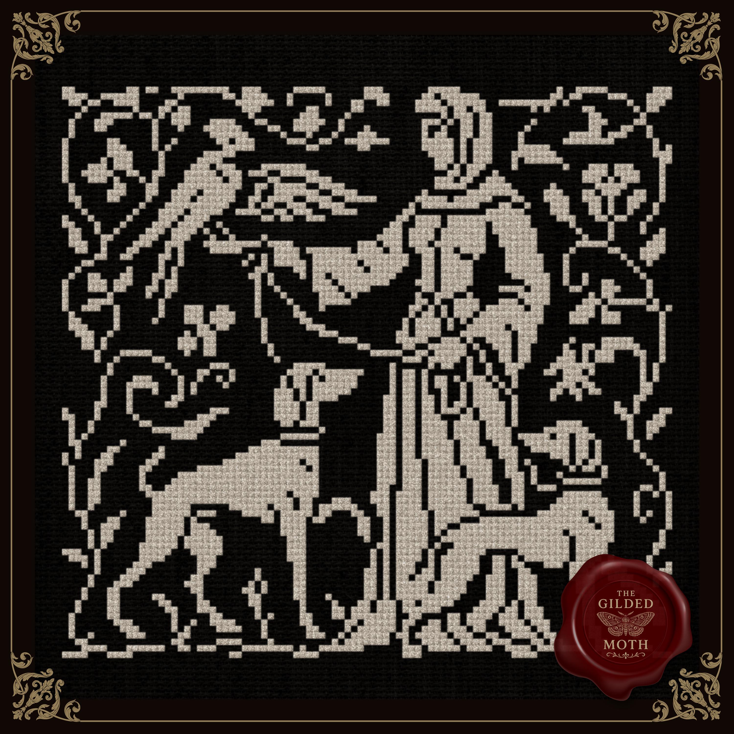 Medieval Tapestry counted  Cross Stitch Pattern • Gothic Monochrome Sampler PDF • Lady with Hounds & Bird Embroidery • Blackwork-Style Decor