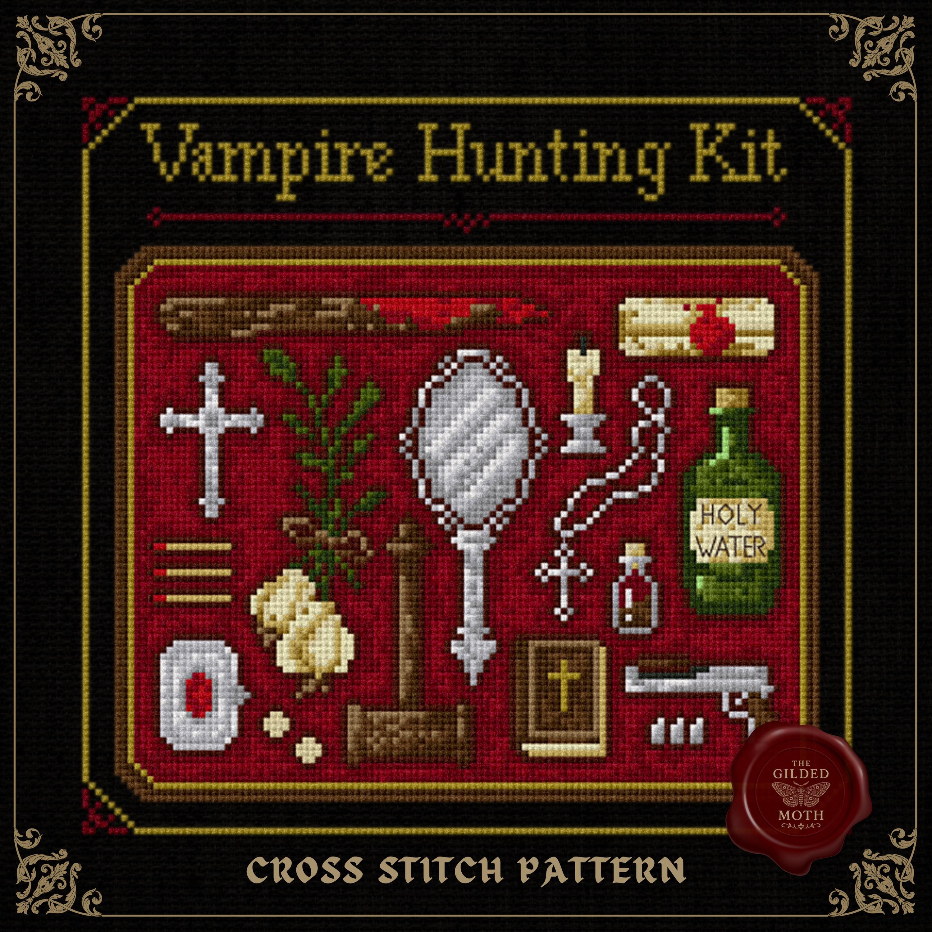 Gothic counted cross stitch pattern | vampire hunting kit embroidery pdf | Victorian gothic decor | vintage Dracula printable PDF