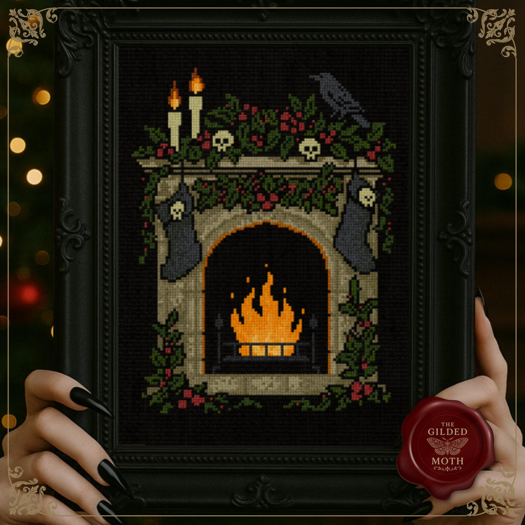 Gothic Christmas Fireplace counted Cross Stitch Pattern,Dark Holiday Mantel Sampler PDF,Crow & Skull Garland, Black Aida Xmas Embroidery