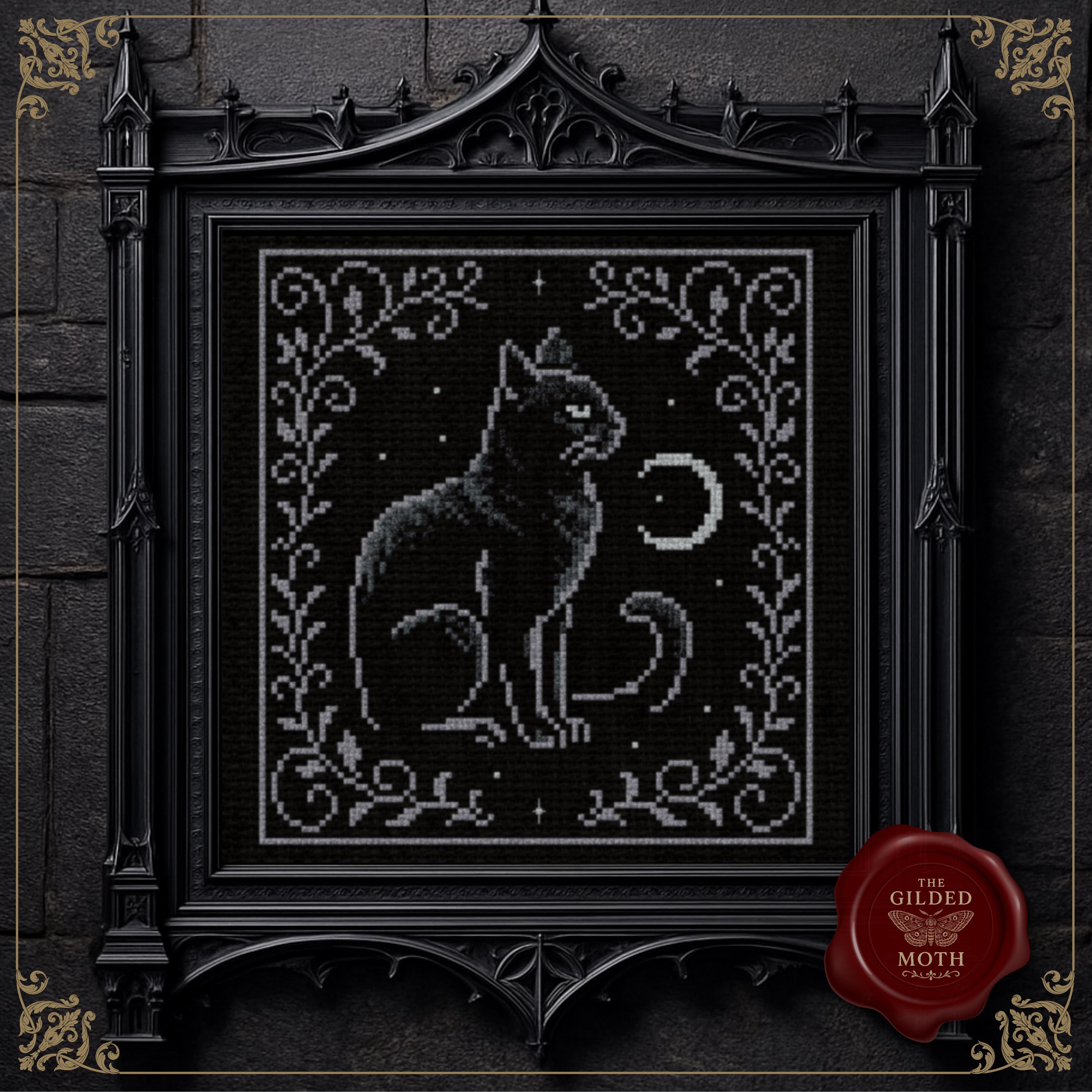 Gothic Black Cat counted Cross Stitch Pattern • Witchy Moon Cat PDF • Dark Cottagecore Embroidery Design