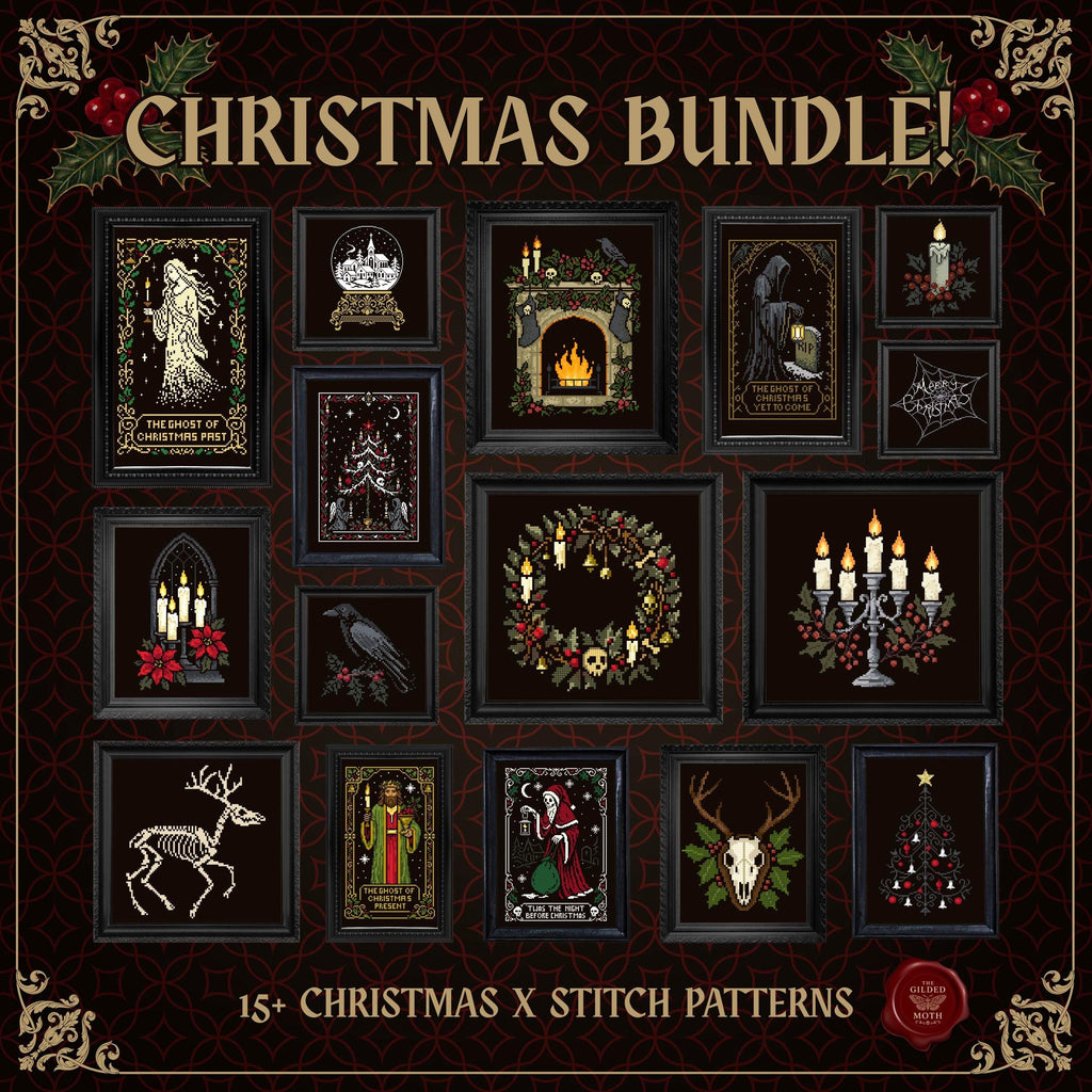 Gothic Christmas Cross Stitch Bundle, 16 Pattern PDF Set, Dark Holiday Decor, alternative Xmas Patterns, Ghosts, Skull, Wreath, Raven pack