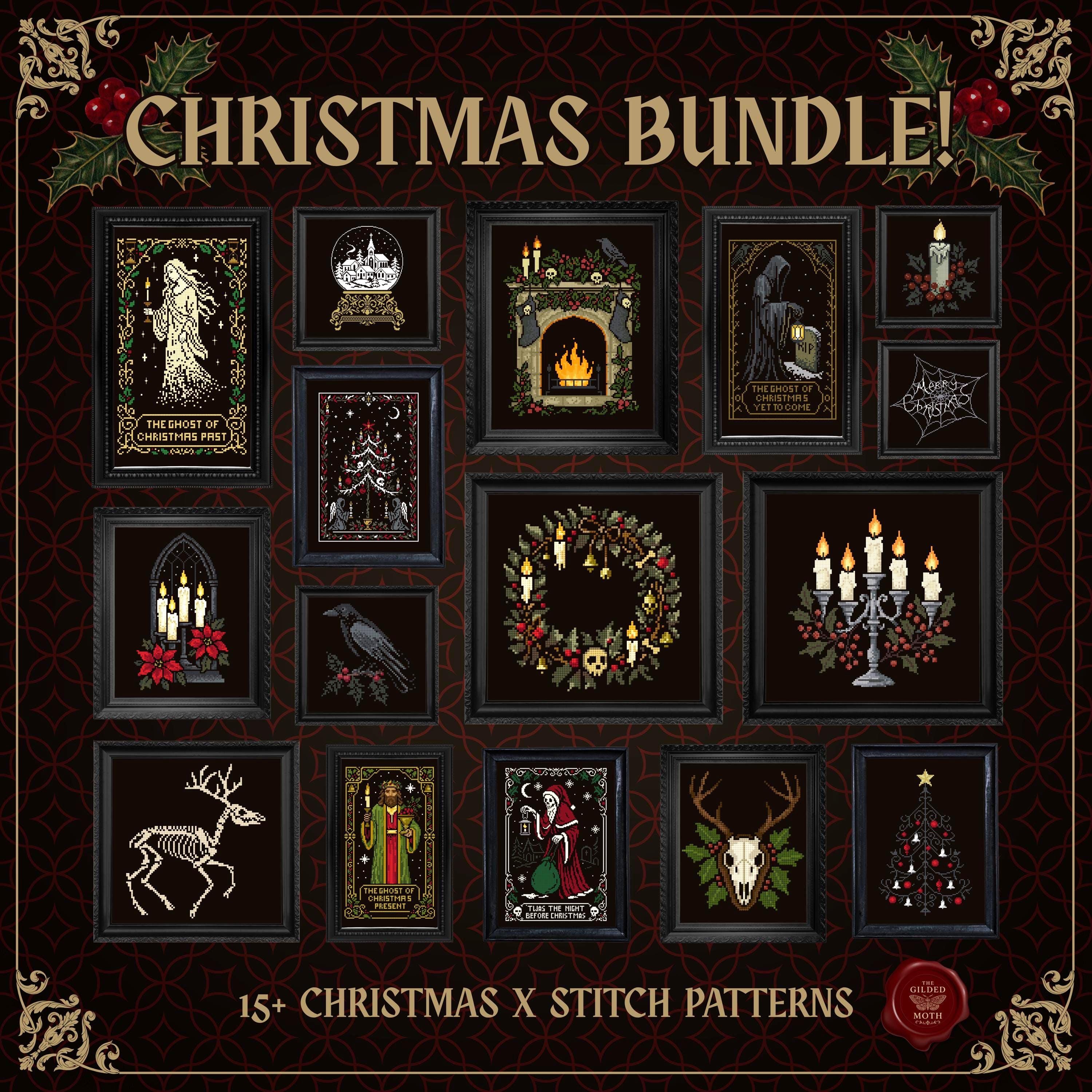 Gothic Christmas Cross Stitch Bundle, 16 Pattern PDF Set, Dark Holiday Decor, alternative Xmas Patterns, Ghosts, Skull, Wreath, Raven pack