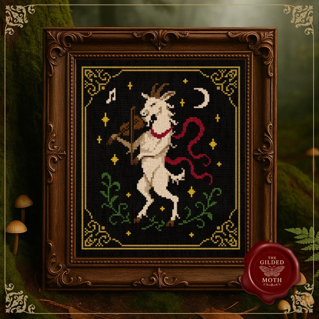 Medieval Goat Musician Cross Stitch Pattern • Gothic Fantasy Tapestry PDF • Dancing Goat with Violin Embroidery • Black Aida folk lore Decor