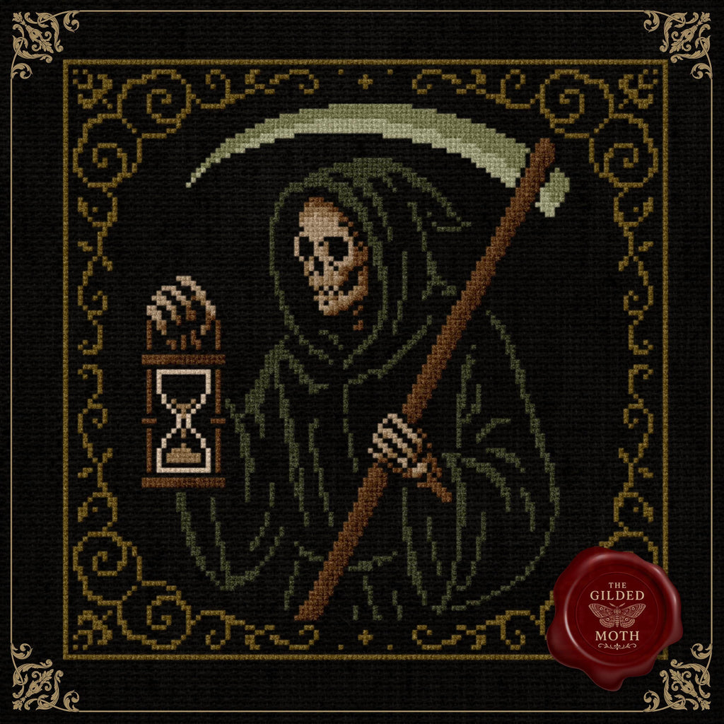 Grim Reaper Cross Stitch Pattern • Gothic Skeleton Embroidery PDF • Death Scythe Sampler • Dark Academia Black Aida • Medieval Macabre Decor