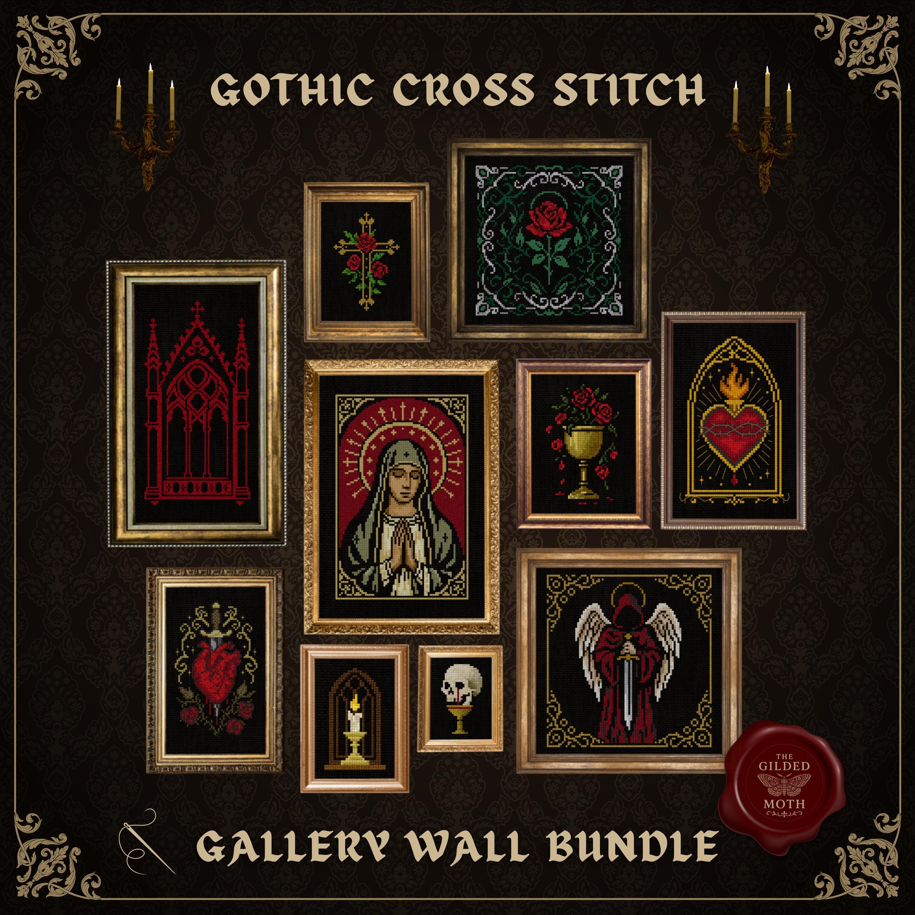 Gothic Cross Stitch Gallery Wall Bundle | religious Dark Academia Embroidery Patterns | Sacred Heart, Chalice, Gothic Window, Angel, Rose