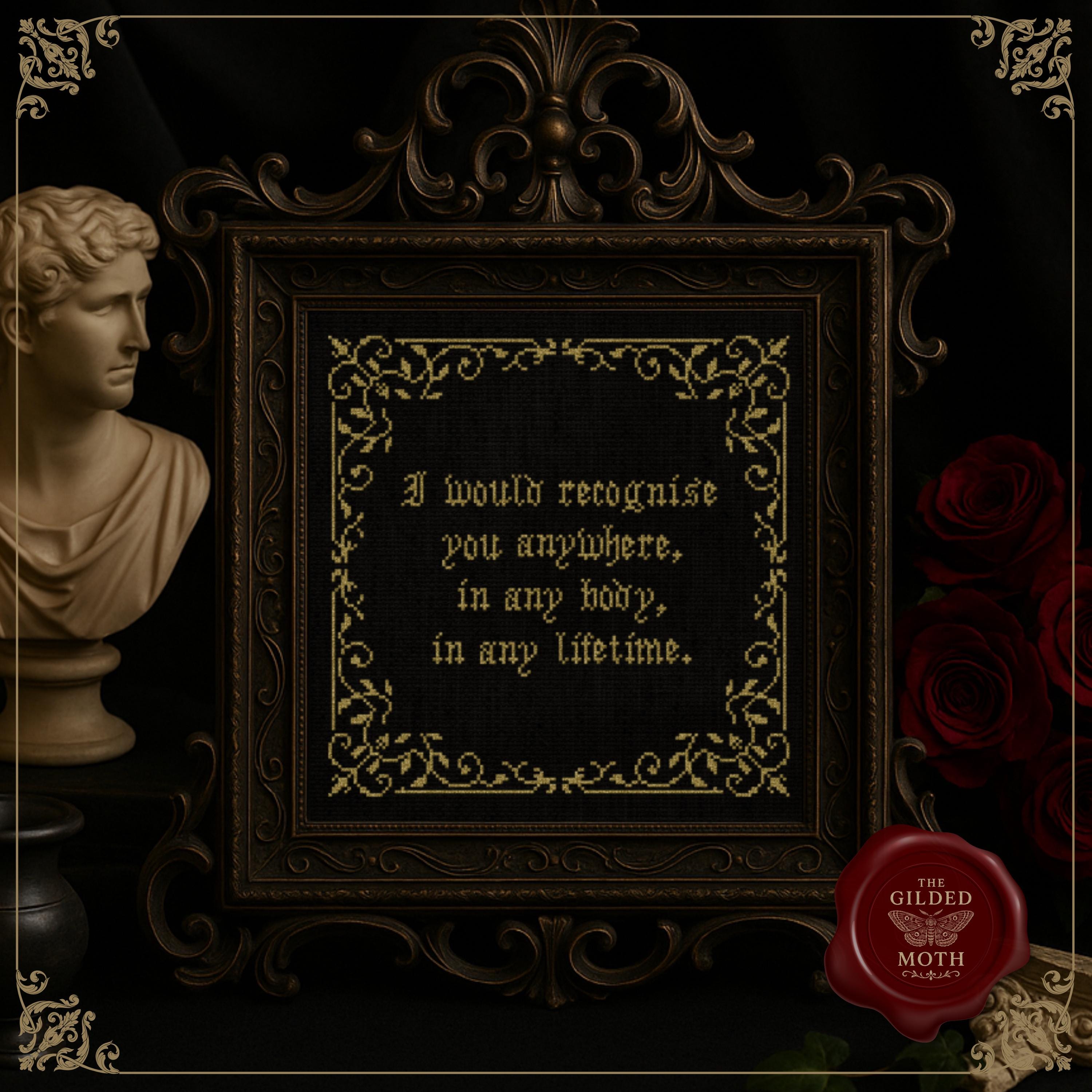 Gothic Love Quote Cross Stitch Pattern • Dark Romance Medieval Sampler PDF • “I Would Recognise You Anywhere” Embroidery • dark Wall Art