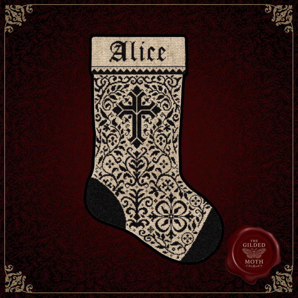 Gothic Christmas Stocking counted Cross Stitch Pattern • Medieval Custom Name Stocking, Black Aida Ornament Pattern, Dark Holiday Decor PDF
