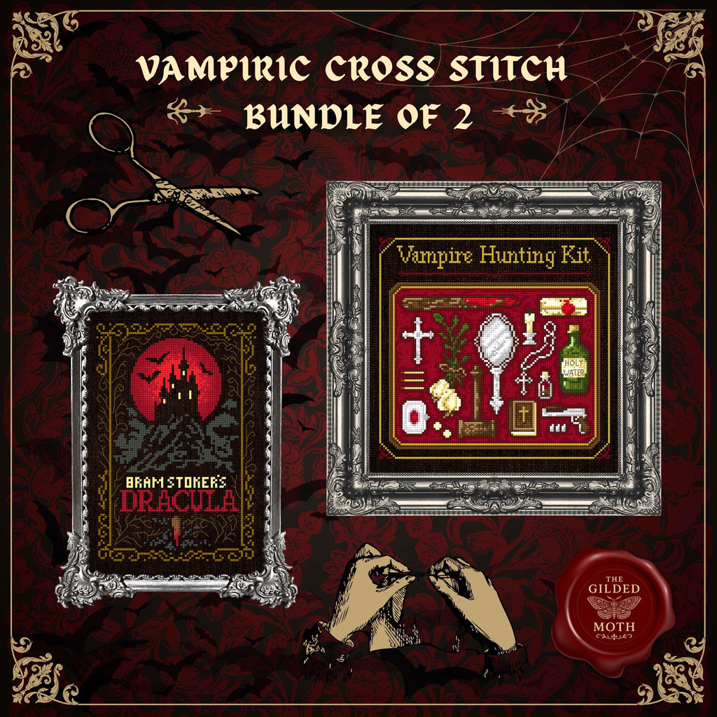 Vampire counted cross stitch bundle | gothic pattern pack | dark embroidery chart pdf printables | Dracula black Aida design | vintage