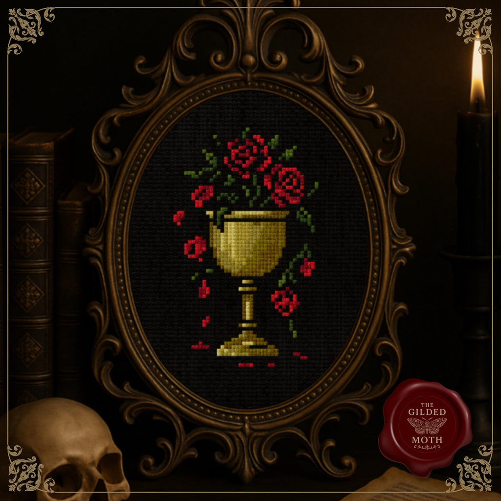 Gothic Cross Stitch Gallery Wall Bundle | religious Dark Academia Embroidery Patterns | Sacred Heart, Chalice, Gothic Window, Angel, Rose