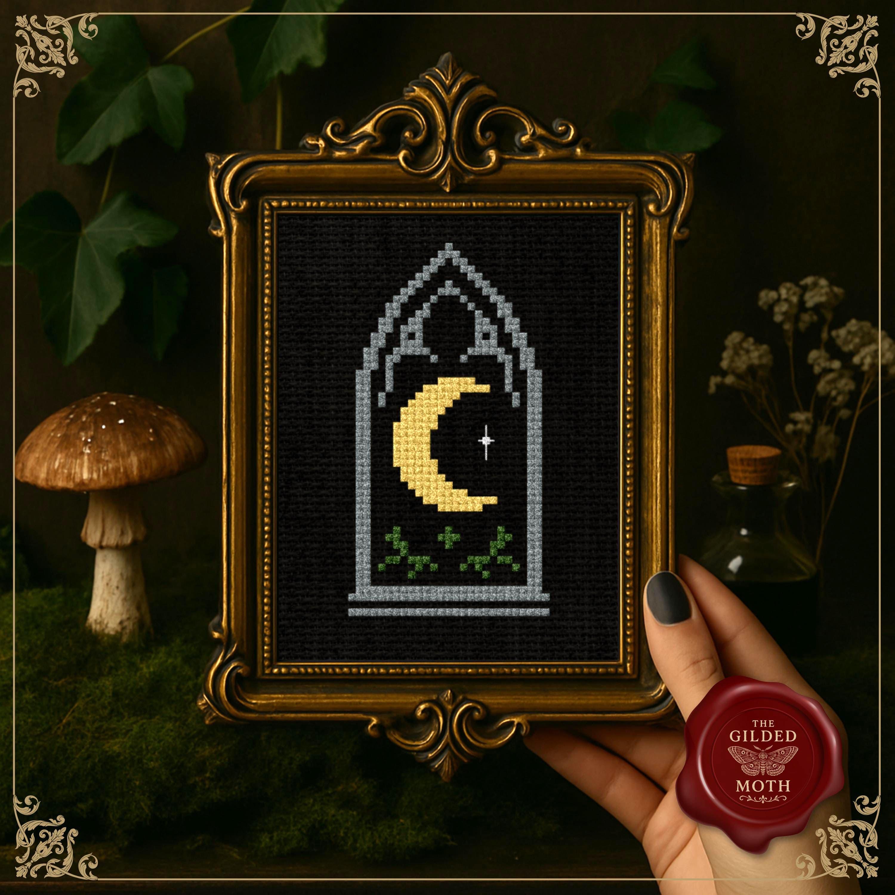 Gothic Moon Window Cross Stitch Pattern • Medieval Stained Glass Silhouette PDF • Small Beginner Embroidery • Black Aida Night Sky Decor