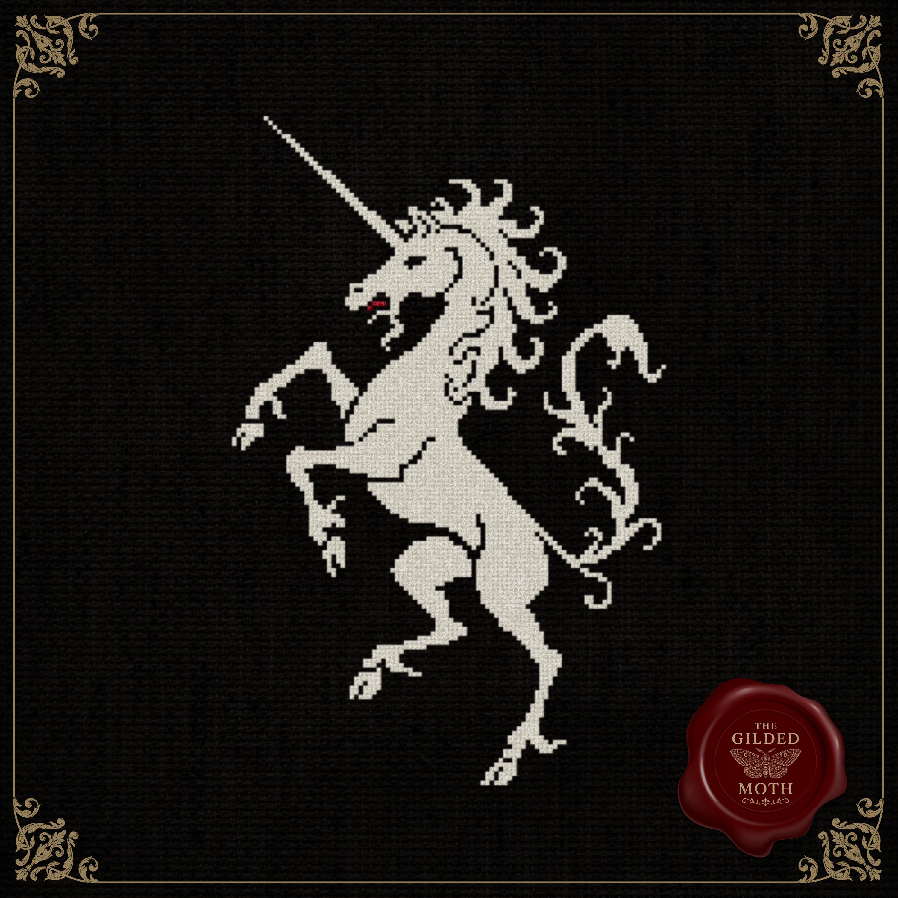 Medieval Unicorn Cross Stitch Pattern • Gothic Heraldic Unicorn PDF • Mythical Creature Embroidery • Dark Fantasy Needlework on Black Aida