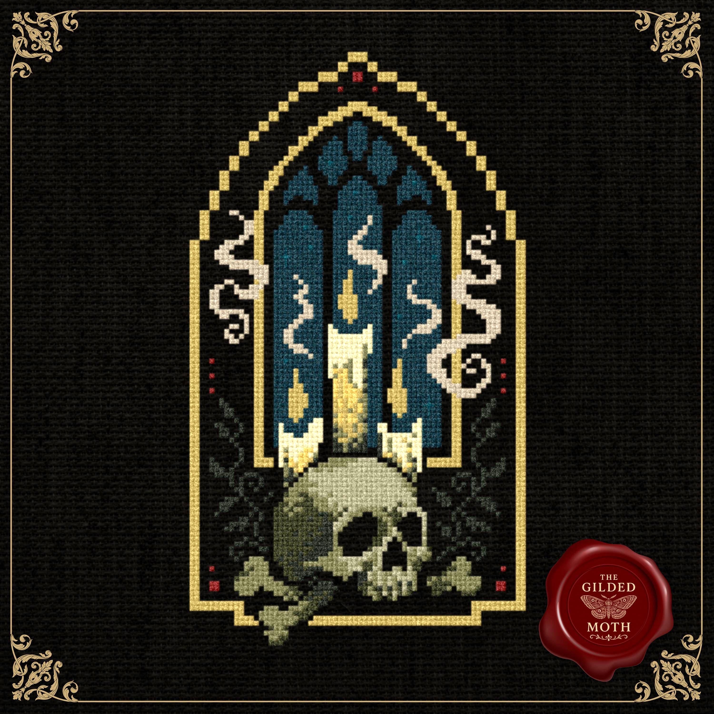 Gothic counted Cross Stitch Pattern PDF | Dark academia skull Candle Embroidery | Victorian Cathedral Window Design, printable stitch chart