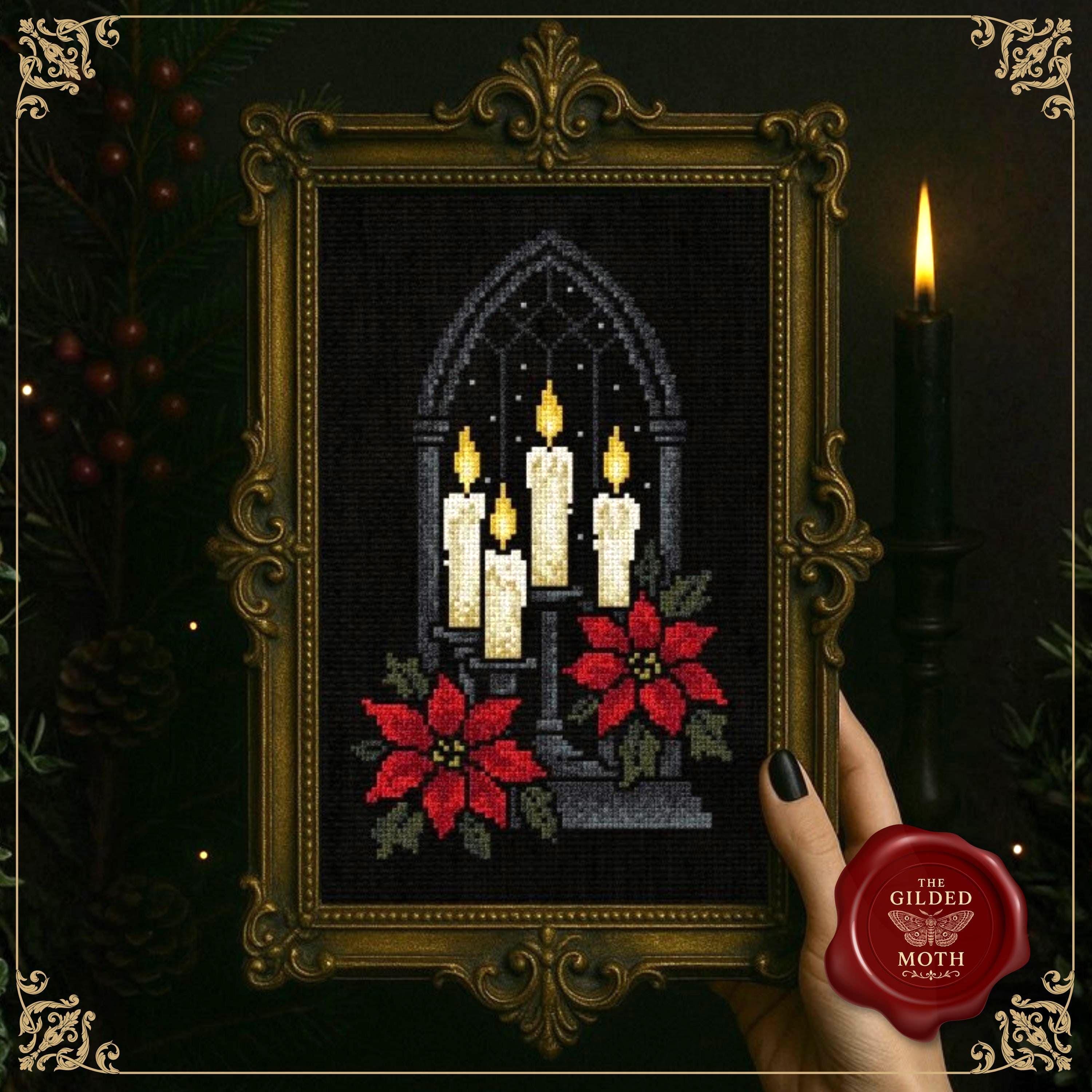 Christmas Candle counted Cross Stitch Pattern | Cathedral Window Embroidery PDF | Poinsettia Holiday Decor | Dark Christmas Digital Download